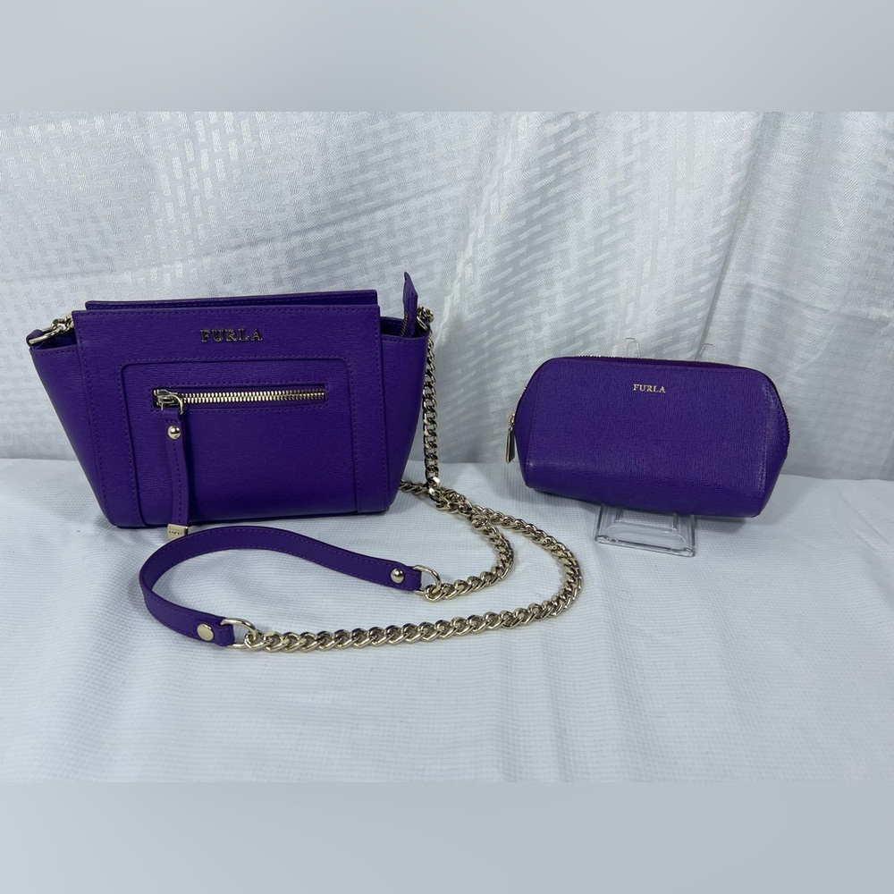 4118: Furla Chain Crossbody Bag & Pouch Set Purple Leather